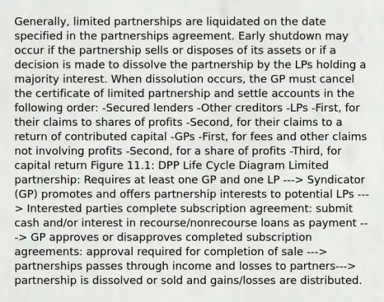 Generally, limited partnerships are liquidated on the date specified in the partnerships agreement. Early shutdown may occur if the partnership sells or disposes of its assets or if a decision is made to dissolve the partnership by the LPs holding a majority interest. When dissolution occurs, the GP must cancel the certificate of limited partnership and settle accounts in the following order: -Secured lenders -Other creditors -LPs -First, for their claims to shares of profits -Second, for their claims to a return of contributed capital -GPs -First, for fees and other claims not involving profits -Second, for a share of profits -Third, for capital return Figure 11.1: DPP Life Cycle Diagram Limited partnership: Requires at least one GP and one LP ---> Syndicator (GP) promotes and offers partnership interests to potential LPs ---> Interested parties complete subscription agreement: submit cash and/or interest in recourse/nonrecourse loans as payment ---> GP approves or disapproves completed subscription agreements: approval required for completion of sale ---> partnerships passes through income and losses to partners---> partnership is dissolved or sold and gains/losses are distributed.