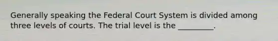 Generally speaking the Federal Court System is divided among three levels of courts. The trial level is the _________.