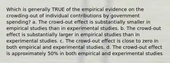 Which is generally TRUE of the empirical evidence on the crowding-out of individual contributions by government spending? a. The crowd-out effect is substantially smaller in empirical studies than in experimental studies. b. The crowd-out effect is substantially larger in empirical studies than in experimental studies. c. The crowd-out effect is close to zero in both empirical and experimental studies. d. The crowd-out effect is approximately 50% in both empirical and experimental studies