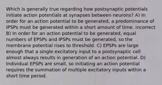 Which is generally true regarding how postsynaptic potentials initiate action potentials at synapses between neurons? A) In order for an action potential to be generated, a predominance of IPSPs must be generated within a short amount of time. incorrect B) In order for an action potential to be generated, equal numbers of EPSPs and IPSPs must be generated, so the membrane potential rises to threshold. C) EPSPs are large enough that a single excitatory input to a postsynaptic cell almost always results in generation of an action potential. D) Individual EPSPs are small, so initiating an action potential requires the summation of multiple excitatory inputs within a short time period.