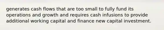 generates cash flows that are too small to fully fund its operations and growth and requires cash infusions to provide additional working capital and finance new capital investment.