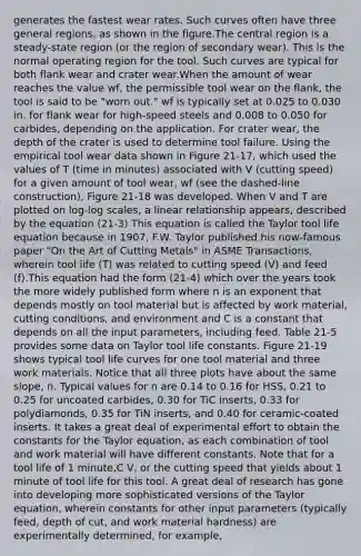 generates the fastest wear rates. Such curves often have three general regions, as shown in the figure.The central region is a steady-state region (or the region of secondary wear). This is the normal operating region for the tool. Such curves are typical for both flank wear and crater wear.When the amount of wear reaches the value wf, the permissible tool wear on the flank, the tool is said to be "worn out." wf is typically set at 0.025 to 0.030 in. for flank wear for high-speed steels and 0.008 to 0.050 for carbides, depending on the application. For crater wear, the depth of the crater is used to determine tool failure. Using the empirical tool wear data shown in Figure 21-17, which used the values of T (time in minutes) associated with V (cutting speed) for a given amount of tool wear, wf (see the dashed-line construction), Figure 21-18 was developed. When V and T are plotted on log-log scales, a linear relationship appears, described by the equation (21-3) This equation is called the Taylor tool life equation because in 1907, F.W. Taylor published his now-famous paper "On the Art of Cutting Metals" in ASME Transactions, wherein tool life (T) was related to cutting speed (V) and feed (f).This equation had the form (21-4) which over the years took the more widely published form where n is an exponent that depends mostly on tool material but is affected by work material, cutting conditions, and environment and C is a constant that depends on all the input parameters, including feed. Table 21-5 provides some data on Taylor tool life constants. Figure 21-19 shows typical tool life curves for one tool material and three work materials. Notice that all three plots have about the same slope, n. Typical values for n are 0.14 to 0.16 for HSS, 0.21 to 0.25 for uncoated carbides, 0.30 for TiC inserts, 0.33 for polydiamonds, 0.35 for TiN inserts, and 0.40 for ceramic-coated inserts. It takes a great deal of experimental effort to obtain the constants for the Taylor equation, as each combination of tool and work material will have different constants. Note that for a tool life of 1 minute,C V, or the cutting speed that yields about 1 minute of tool life for this tool. A great deal of research has gone into developing more sophisticated versions of the Taylor equation, wherein constants for other input parameters (typically feed, depth of cut, and work material hardness) are experimentally determined, for example,