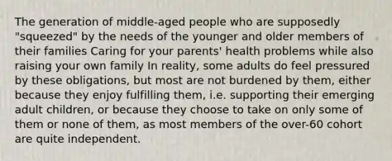 The generation of middle-aged people who are supposedly "squeezed" by the needs of the younger and older members of their families Caring for your parents' health problems while also raising your own family In reality, some adults do feel pressured by these obligations, but most are not burdened by them, either because they enjoy fulfilling them, i.e. supporting their emerging adult children, or because they choose to take on only some of them or none of them, as most members of the over-60 cohort are quite independent.