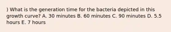 ) What is the generation time for the bacteria depicted in this growth curve? A. 30 minutes B. 60 minutes C. 90 minutes D. 5.5 hours E. 7 hours
