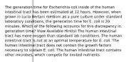 The generation time for Escherichia coli inside of the human intestinal tract has been estimated at 12 hours. However, when grown in Luria Bertani medium as a pure culture under standard laboratory conditions, the generation time for E. coli is 20 minutes. Which of the following accounts for this discrepancy in generation time? View Available Hint(s) The human intestinal tract has more oxygen than standard lab conditions. The human intestinal tract is not at an optimal temperature for E. coli. The human intestinal tract does not contain the growth factors necessary to sustain E. coli. The human intestinal tract contains other microbes, which compete for limited nutrients.