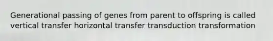 Generational passing of genes from parent to offspring is called vertical transfer horizontal transfer transduction transformation