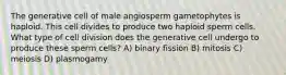 The generative cell of male angiosperm gametophytes is haploid. This cell divides to produce two haploid sperm cells. What type of cell division does the generative cell undergo to produce these sperm cells? A) binary fission B) mitosis C) meiosis D) plasmogamy