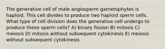 The generative cell of male angiosperm gametophytes is haploid. This cell divides to produce two haploid sperm cells. What type of cell division does the generative cell undergo to produce these sperm cells? A) binary fission B) mitosis C) meiosis D) mitosis without subsequent cytokinesis E) meiosis without subsequent cytokinesis