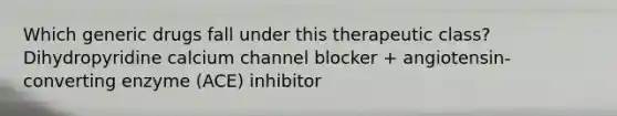 Which generic drugs fall under this therapeutic class? Dihydropyridine calcium channel blocker + angiotensin-converting enzyme (ACE) inhibitor