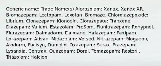 Generic name: Trade Name(s) Alprazolam: Xanax, Xanax XR. Bromazepam: Lectopam, Lexotan, Bromaze. Chlordiazepoxide: Librium. Clonazepam: Klonopin. Clorazepate: Tranxene. Diazepam: Valium. Estazolam: ProSom. Flunitrazepam: Rohypnol. Flurazepam: Dalmadorm, Dalmane. Halazepam: Paxipam. Lorazepam: Ativan. Midazolam: Versed. Nitrazepam: Mogadon, Alodorm, Pacisyn, Dumolid. Oxazepam: Serax. Prazepam: Lysanxia, Centrax. Quazepam: Doral. Temazepam: Restoril. Triazolam: Halcion.