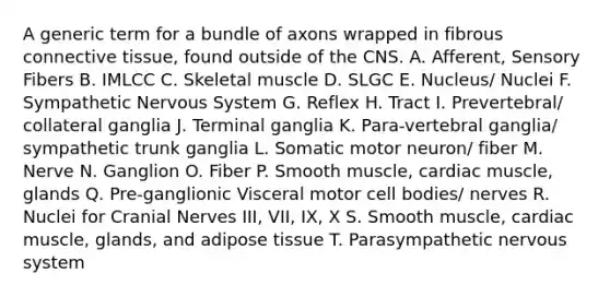 A generic term for a bundle of axons wrapped in fibrous <a href='https://www.questionai.com/knowledge/kYDr0DHyc8-connective-tissue' class='anchor-knowledge'>connective tissue</a>, found outside of the CNS. A. Afferent, Sensory Fibers B. IMLCC C. Skeletal muscle D. SLGC E. Nucleus/ Nuclei F. Sympathetic Nervous System G. Reflex H. Tract I. Prevertebral/ collateral ganglia J. Terminal ganglia K. Para-vertebral ganglia/ sympathetic trunk ganglia L. Somatic motor neuron/ fiber M. Nerve N. Ganglion O. Fiber P. Smooth muscle, cardiac muscle, glands Q. Pre-ganglionic Visceral motor cell bodies/ nerves R. Nuclei for <a href='https://www.questionai.com/knowledge/kE0S4sPl98-cranial-nerves' class='anchor-knowledge'>cranial nerves</a> III, VII, IX, X S. Smooth muscle, cardiac muscle, glands, and adipose tissue T. Parasympathetic nervous system