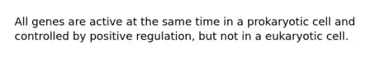 All genes are active at the same time in a prokaryotic cell and controlled by positive regulation, but not in a eukaryotic cell.