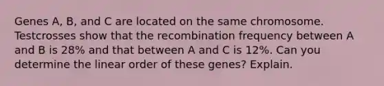 Genes A, B, and C are located on the same chromosome. Testcrosses show that the recombination frequency between A and B is 28% and that between A and C is 12%. Can you determine the linear order of these genes? Explain.