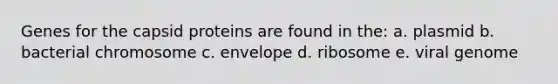 Genes for the capsid proteins are found in the: a. plasmid b. bacterial chromosome c. envelope d. ribosome e. viral genome