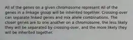 All of the genes on a given chromosome represent All of the genes in a linkage group will be inherited together. Crossing-over can separate linked genes and mix allele combinations. The closer genes are to one another on a chromosome, the less likely they will be separated by crossing-over, and the more likely they will be inherited together.