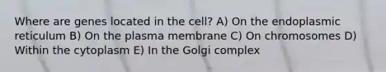 Where are genes located in the cell? A) On the endoplasmic reticulum B) On the plasma membrane C) On chromosomes D) Within the cytoplasm E) In the Golgi complex