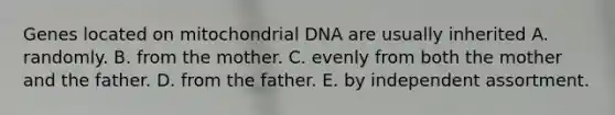 Genes located on mitochondrial DNA are usually inherited A. randomly. B. from the mother. C. evenly from both the mother and the father. D. from the father. E. by independent assortment.