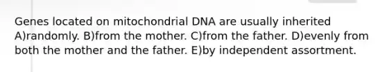 Genes located on mitochondrial DNA are usually inherited A)randomly. B)from the mother. C)from the father. D)evenly from both the mother and the father. E)by independent assortment.