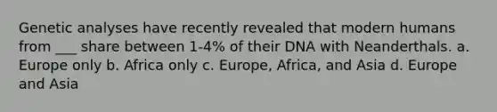 Genetic analyses have recently revealed that modern humans from ___ share between 1-4% of their DNA with Neanderthals. a. Europe only b. Africa only c. Europe, Africa, and Asia d. Europe and Asia