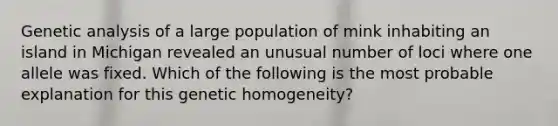 Genetic analysis of a large population of mink inhabiting an island in Michigan revealed an unusual number of loci where one allele was fixed. Which of the following is the most probable explanation for this genetic homogeneity?