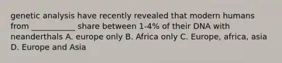 genetic analysis have recently revealed that modern humans from ___________ share between 1-4% of their DNA with neanderthals A. europe only B. Africa only C. Europe, africa, asia D. Europe and Asia