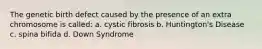 The genetic birth defect caused by the presence of an extra chromosome is called: a. cystic fibrosis b. Huntington's Disease c. spina bifida d. Down Syndrome