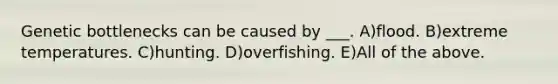 Genetic bottlenecks can be caused by ___. A)flood. B)extreme temperatures. C)hunting. D)overfishing. E)All of the above.