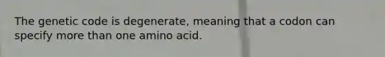 The genetic code is degenerate, meaning that a codon can specify <a href='https://www.questionai.com/knowledge/keWHlEPx42-more-than' class='anchor-knowledge'>more than</a> one amino acid.