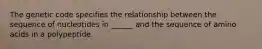 The genetic code specifies the relationship between the sequence of nucleotides in ______ and the sequence of amino acids in a polypeptide.