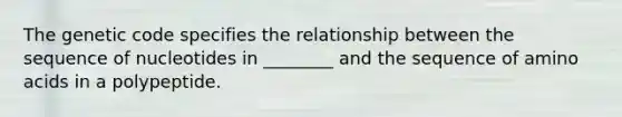 The genetic code specifies the relationship between the sequence of nucleotides in ________ and the sequence of amino acids in a polypeptide.