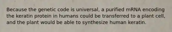 Because the genetic code is universal, a purified mRNA encoding the keratin protein in humans could be transferred to a plant cell, and the plant would be able to synthesize human keratin.