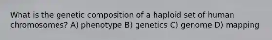 What is the genetic composition of a haploid set of human chromosomes? A) phenotype B) genetics C) genome D) mapping