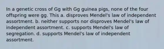 In a genetic cross of Gg with Gg guinea pigs, none of the four offspring were gg. This a. disproves Mendel's law of independent assortment. b. neither supports nor disproves Mendel's law of independent assortment. c. supports Mendel's law of segregation. d. supports Mendel's law of independent assortment.