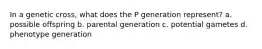 In a genetic cross, what does the P generation represent? a. possible offspring b. parental generation c. potential gametes d. phenotype generation