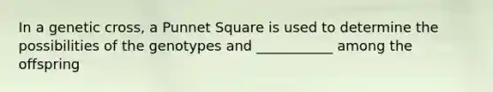 In a genetic cross, a Punnet Square is used to determine the possibilities of the genotypes and ___________ among the offspring