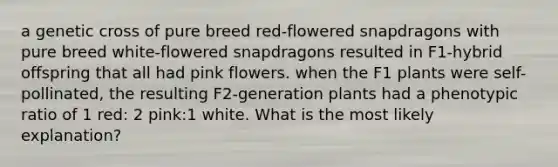 a genetic cross of pure breed red-flowered snapdragons with pure breed white-flowered snapdragons resulted in F1-hybrid offspring that all had pink flowers. when the F1 plants were self-pollinated, the resulting F2-generation plants had a phenotypic ratio of 1 red: 2 pink:1 white. What is the most likely explanation?