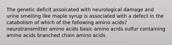 The genetic deficit assoicated with neurological damage and urine smelling like maple syrup is associated with a defect in the catabolism of which of the following amino acids? neurotransmitter amino acids basic amino acids sulfur containing amino acids branched chain amino acids