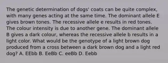 The genetic determination of dogs' coats can be quite complex, with many genes acting at the same time. The dominant allele E gives brown tones. The recessive allele e results in red tones. The colour intensity is due to another gene. The dominant allele B gives a dark colour, whereas the recessive allele b results in a light color. What would be the genotype of a light brown dog produced from a cross between a dark brown dog and a light red dog? A. EEbb B. EeBb C. eeBb D. Eebb