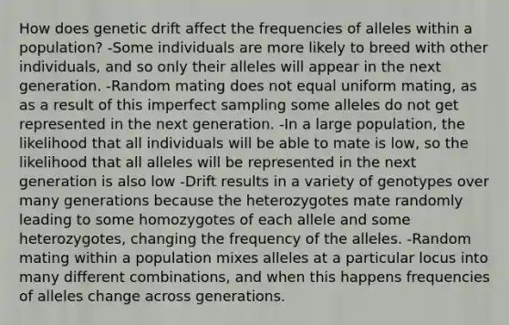 How does genetic drift affect the frequencies of alleles within a population? -Some individuals are more likely to breed with other individuals, and so only their alleles will appear in the next generation. -Random mating does not equal uniform mating, as as a result of this imperfect sampling some alleles do not get represented in the next generation. -In a large population, the likelihood that all individuals will be able to mate is low, so the likelihood that all alleles will be represented in the next generation is also low -Drift results in a variety of genotypes over many generations because the heterozygotes mate randomly leading to some homozygotes of each allele and some heterozygotes, changing the frequency of the alleles. -Random mating within a population mixes alleles at a particular locus into many different combinations, and when this happens frequencies of alleles change across generations.