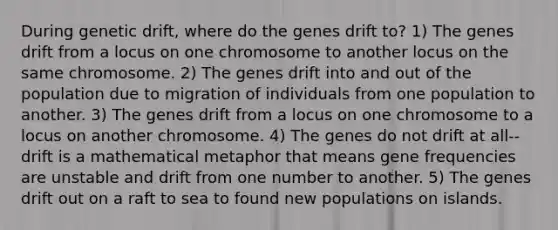 During genetic drift, where do the genes drift to? 1) The genes drift from a locus on one chromosome to another locus on the same chromosome. 2) The genes drift into and out of the population due to migration of individuals from one population to another. 3) The genes drift from a locus on one chromosome to a locus on another chromosome. 4) The genes do not drift at all--drift is a mathematical metaphor that means gene frequencies are unstable and drift from one number to another. 5) The genes drift out on a raft to sea to found new populations on islands.