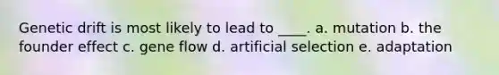 Genetic drift is most likely to lead to ____. a. mutation b. the founder effect c. gene flow d. artificial selection e. adaptation