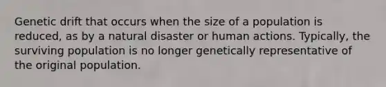 Genetic drift that occurs when the size of a population is reduced, as by a natural disaster or human actions. Typically, the surviving population is no longer genetically representative of the original population.