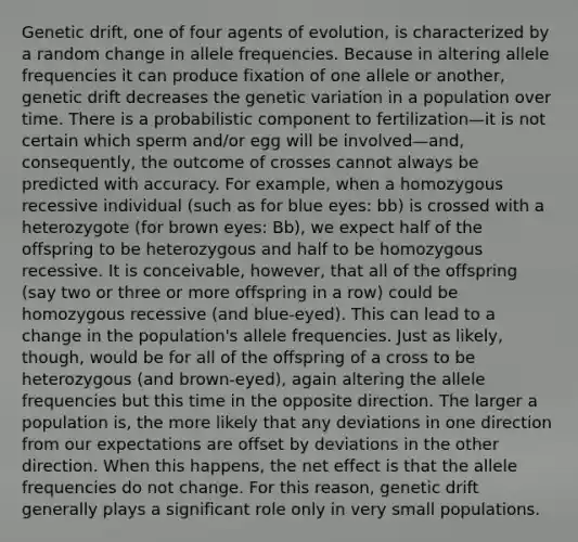 <a href='https://www.questionai.com/knowledge/kiDrgjXyQn-genetic-drift' class='anchor-knowledge'>genetic drift</a>, one of four agents of evolution, is characterized by a random change in allele frequencies. Because in altering allele frequencies it can produce fixation of one allele or another, genetic drift decreases the <a href='https://www.questionai.com/knowledge/ki8XCDzouQ-genetic-variation' class='anchor-knowledge'>genetic variation</a> in a population over time. There is a probabilistic component to fertilization—it is not certain which sperm and/or egg will be involved—and, consequently, the outcome of crosses cannot always be predicted with accuracy. For example, when a homozygous recessive individual (such as for blue eyes: bb) is crossed with a heterozygote (for brown eyes: Bb), we expect half of the offspring to be heterozygous and half to be homozygous recessive. It is conceivable, however, that all of the offspring (say two or three or more offspring in a row) could be homozygous recessive (and blue-eyed). This can lead to a change in the population's allele frequencies. Just as likely, though, would be for all of the offspring of a cross to be heterozygous (and brown-eyed), again altering the allele frequencies but this time in the opposite direction. The larger a population is, the more likely that any deviations in one direction from our expectations are offset by deviations in the other direction. When this happens, the net effect is that the allele frequencies do not change. For this reason, genetic drift generally plays a significant role only in very small populations.