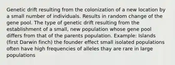 Genetic drift resulting from the colonization of a new location by a small number of individuals. Results in random change of the gene pool. The type of genetic drift resulting from the establishment of a small, new population whose gene pool differs from that of the parents population. Example: Islands (first Darwin finch) the founder effect small isolated populations often have high frequencies of alleles thay are rare in large populations