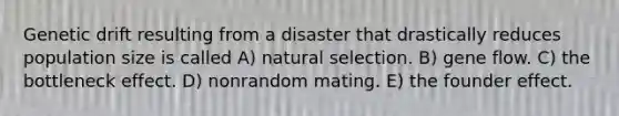 Genetic drift resulting from a disaster that drastically reduces population size is called A) natural selection. B) gene flow. C) the bottleneck effect. D) nonrandom mating. E) the founder effect.