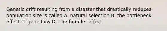 Genetic drift resulting from a disaster that drastically reduces population size is called A. natural selection B. the bottleneck effect C. gene flow D. The founder effect