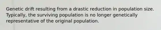 Genetic drift resulting from a drastic reduction in population size. Typically, the surviving population is no longer genetically representative of the original population.