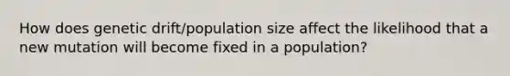 How does genetic drift/population size affect the likelihood that a new mutation will become fixed in a population?