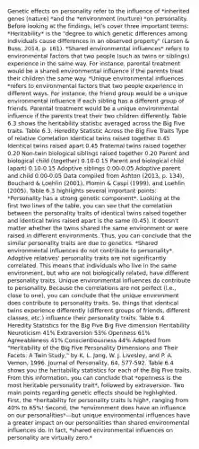 Genetic effects on personality refer to the influence of *inherited genes (nature) *and the *environment (nurture) *on personality. Before looking at the findings, let's cover three important terms: *Heritability* is the "degree to which genetic differences among individuals cause differences in an observed property" (Larsen & Buss, 2014, p. 161). *Shared environmental influences* refers to environmental factors that two people (such as twins or siblings) experience in the same way. For instance, parental treatment would be a shared environmental influence if the parents treat their children the same way. *Unique environmental influences *refers to environmental factors that two people experience in different ways. For instance, the friend group would be a unique environmental influence if each sibling has a different group of friends. Parental treatment would be a unique environmental influence if the parents treat their two children differently. Table 6.3 shows the heritability statistic averaged across the Big Five traits. Table 6.3. Heredity Statistic Across the Big Five Traits Type of relative Correlation Identical twins raised together 0.45 Identical twins raised apart 0.45 Fraternal twins raised together 0.20 Non-twin biological siblings raised together 0.20 Parent and biological child (together) 0.10-0.15 Parent and biological child (apart) 0.10-0.15 Adoptive siblings 0.00-0.05 Adoptive parent and child 0.00-0.05 Data compiled from Ashton (2013, p. 134), Bouchard & Loehlin (2001), Plomin & Caspi (1999), and Loehlin (2005). Table 6.3 highlights several important points: *Personality has a strong genetic component*. Looking at the first two lines of the table, you can see that the correlation between the personality traits of identical twins raised together and identical twins raised apart is the same (0.45). It doesn't matter whether the twins shared the same environment or were raised in different environments. Thus, you can conclude that the similar personality traits are due to genetics. *Shared environmental influences do not contribute to personality*. Adoptive relatives' personality traits are not significantly correlated. This means that individuals who live in the same environment, but who are not biologically related, have different personality traits. Unique environmental influences do contribute to personality. Because the correlations are not perfect (i.e., close to one), you can conclude that the unique environment does contribute to personality traits. So, things that identical twins experience differently (different groups of friends, different classes, etc.) influence their personality traits. Table 6.4. Heredity Statistics for the Big Five Big Five dimension Heritability Neuroticism 41% Extraversion 53% Openness 61% Agreeableness 41% Conscientiousness 44% Adapted from "Heritability of the Big Five Personality Dimensions and Their Facets: A Twin Study," by K. L. Jang, W. J. Livesley, and P. A. Vemon, 1996. Journal of Personality, 64, 577-592. Table 6.4 shows you the heritability statistics for each of the Big Five traits. From this information, you can conclude that *openness is the most heritable personality trait*, followed by extraversion. Two main points regarding genetic effects should be highlighted. First, the *heritability for personality traits is high*, ranging from 40% to 65%! Second, the *environment does have an influence on our personalities*—but unique environmental influences have a greater impact on our personalities than shared environmental influences do. In fact, *shared environmental influences on personality are virtually zero.*