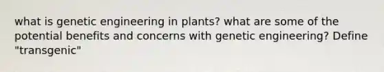 what is genetic engineering in plants? what are some of the potential benefits and concerns with genetic engineering? Define "transgenic"